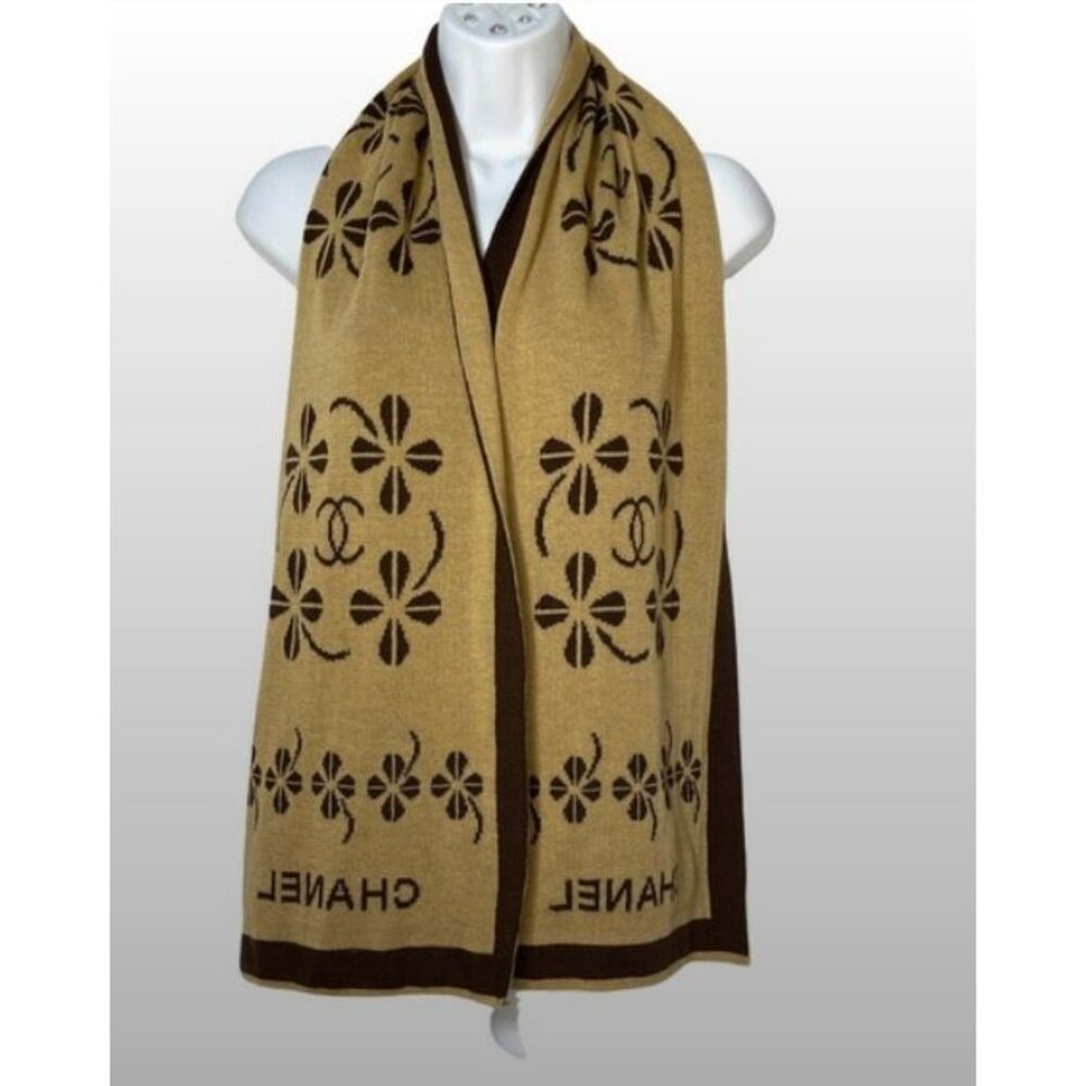 Chanel Brown & Beige Scarf With Four Leaf Clover Pattern - Picture 8 of 9